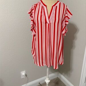Ovi Red and White Striped Blouse with Ruffle Sleeves